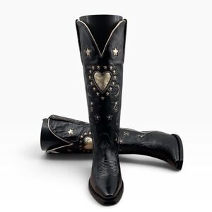 Golden west To The Moon Black Leather Heart Gold Embroidered Tall Cowboy Boots